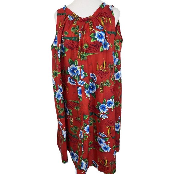 Vintage Hawaiian Muumuu Dress Red Tiki Ship Size 16 Polyester Lightweight - Picture 1 of 11